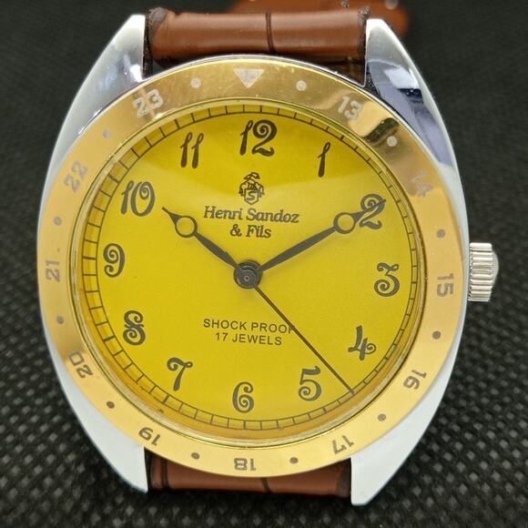 Vintage 1980 Henri Sandoz Manual Mens Silver Watch W/Leather Strap & Gold accent - Picture 3 of 8